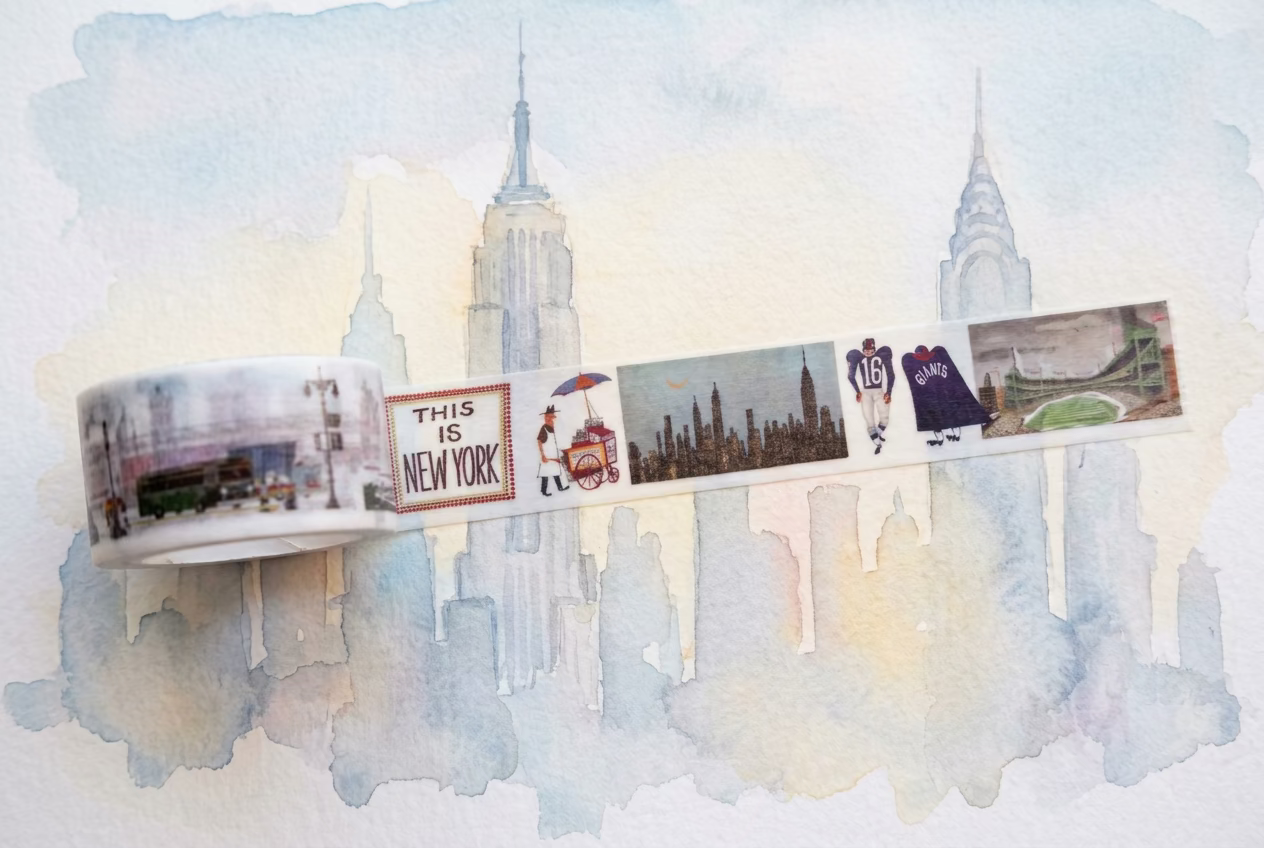 Washi tape with illustrations of New York on watercolour background