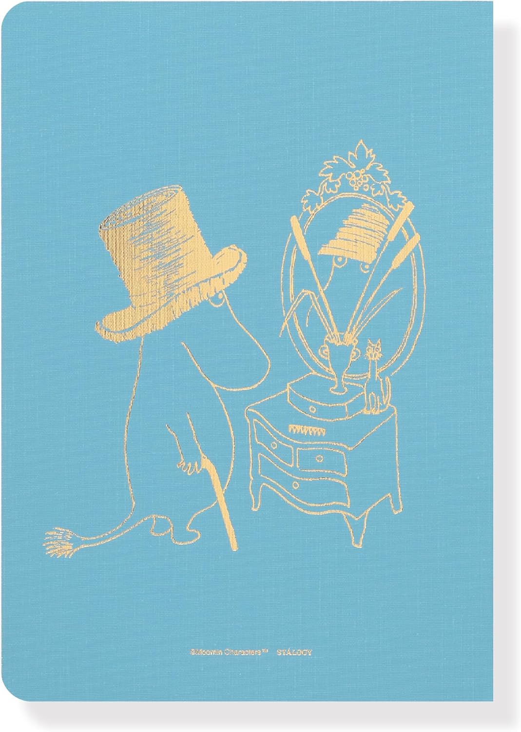Notebook with a design of a character in a top hat and monocle, standing next to a vanity mirror on a blue background.
