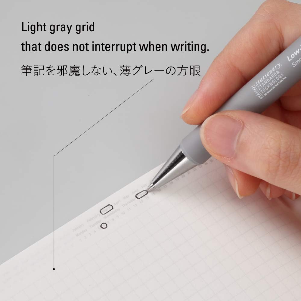 Hand holding a pen over paper with light gray grid lines