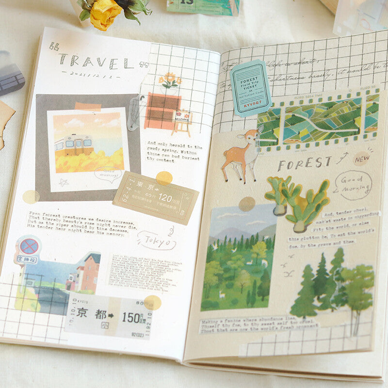 Open notebook with travel-themed pages and illustrations on a light surface.