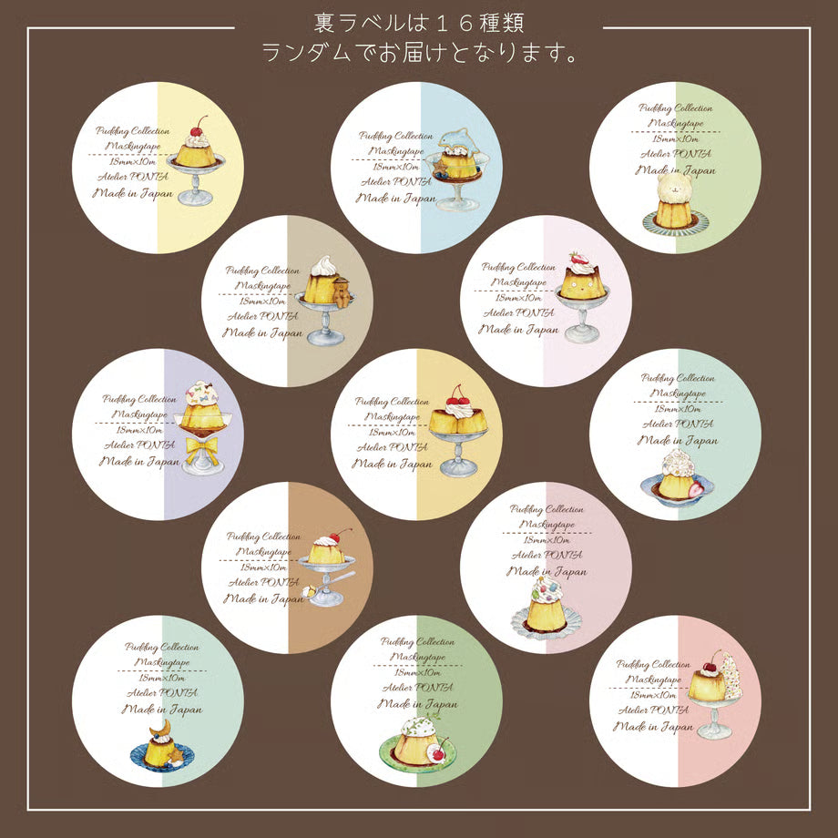 Set of round labels with cake illustrations and text on a brown background