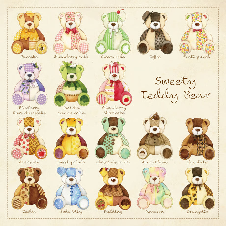 Illustrations of sweety teddy bears with various flavors on a beige background