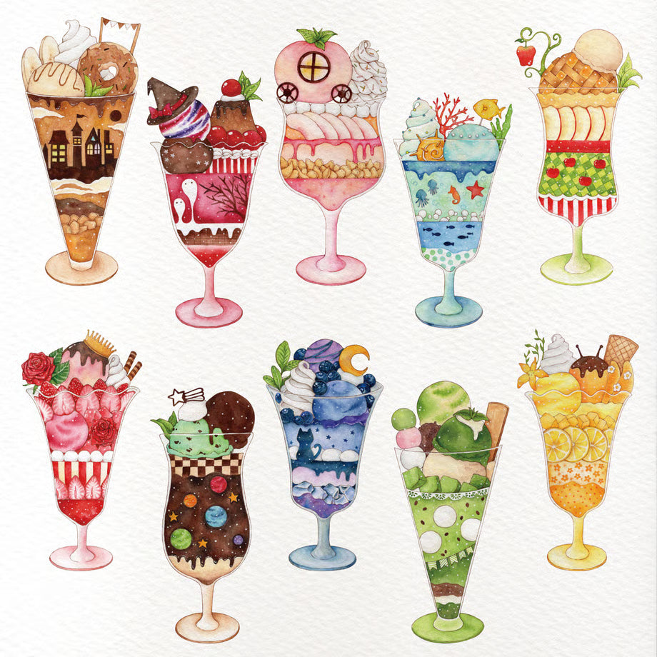 Illustrations of various colorful ice cream sundaes on a white background