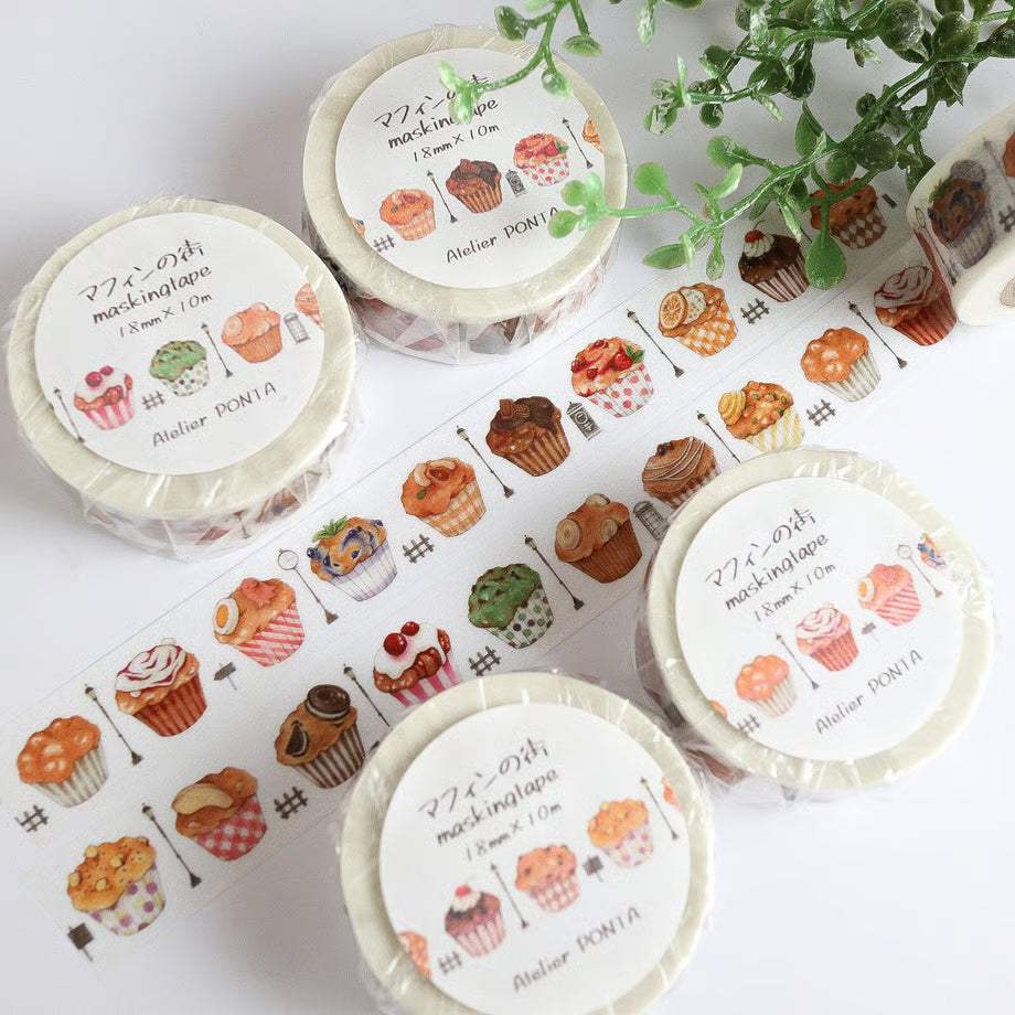 Washi tape rolls with cupcake design on a white background