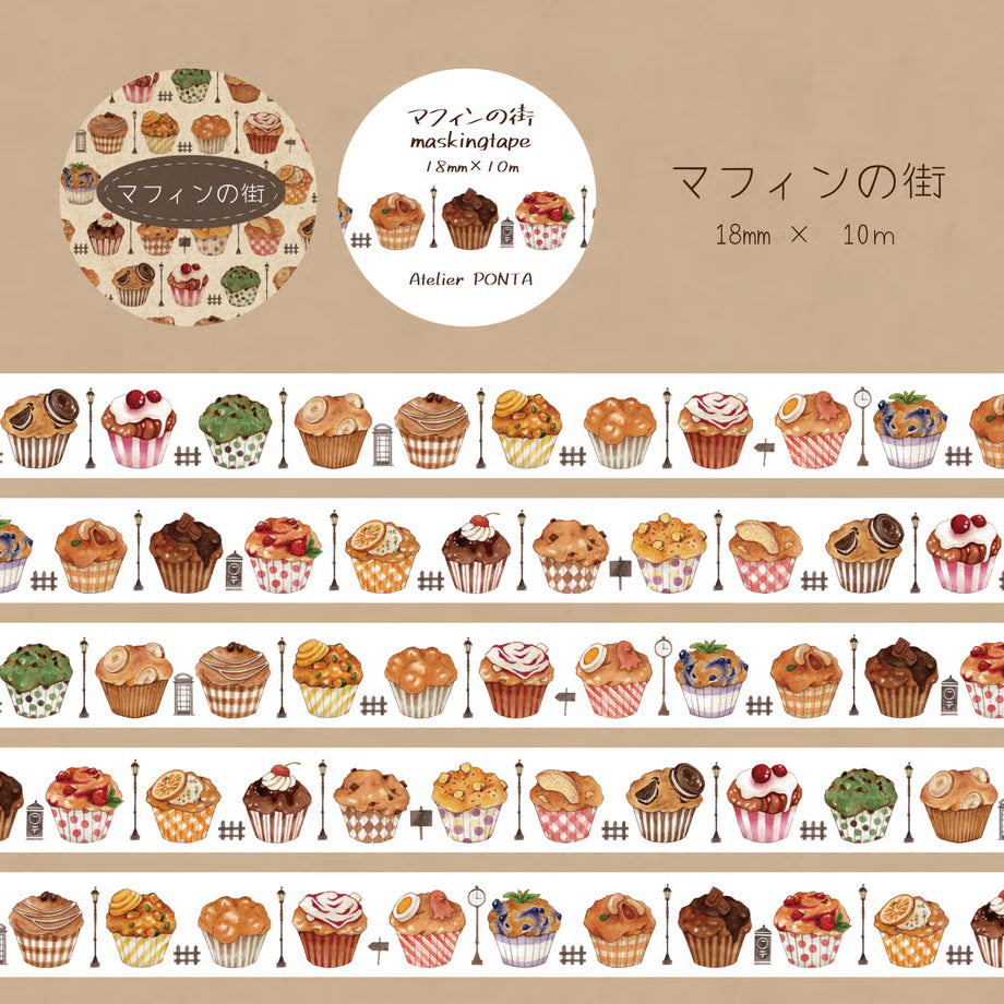 Decorative tape with cupcake designs on a beige background