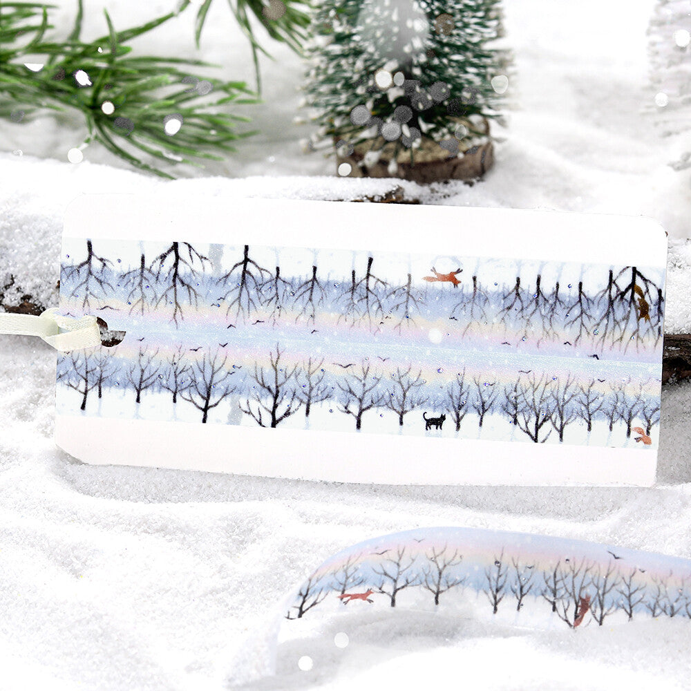Winter scene with trees and animals on a snowy background