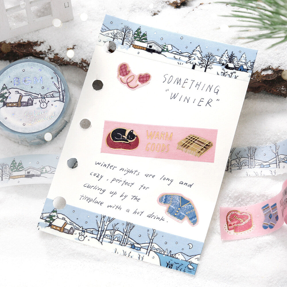 Set of winter-themed postcards with illustrations on a snowy surface.