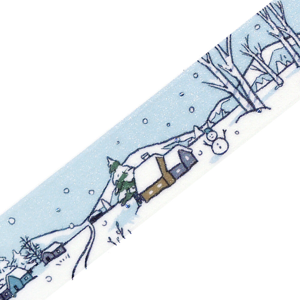 Washi illustration of a snowy landscape with a house and trees.