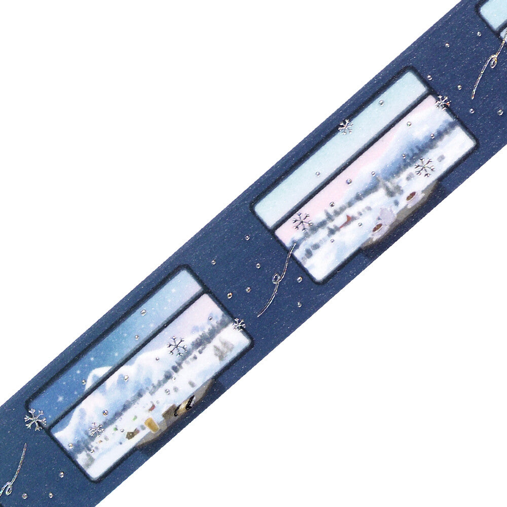 Decorative strip with winter scene illustrations on a blue background