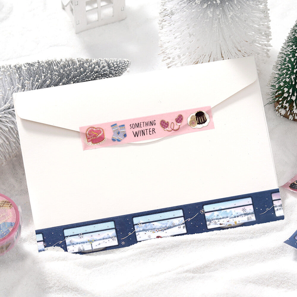 Envelopes with winter-themed stickers on a snowy background