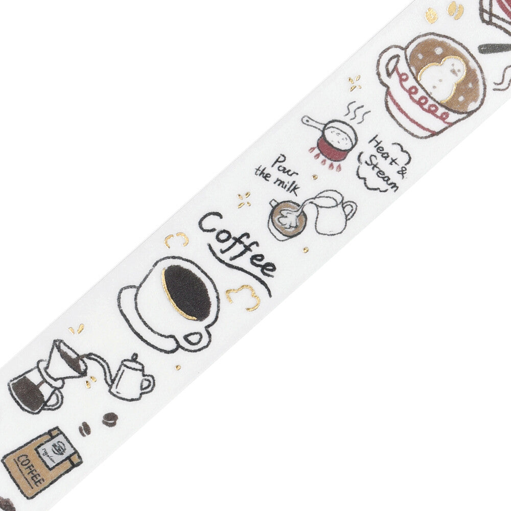 Decorative ribbon with coffee-themed illustrations on a white background