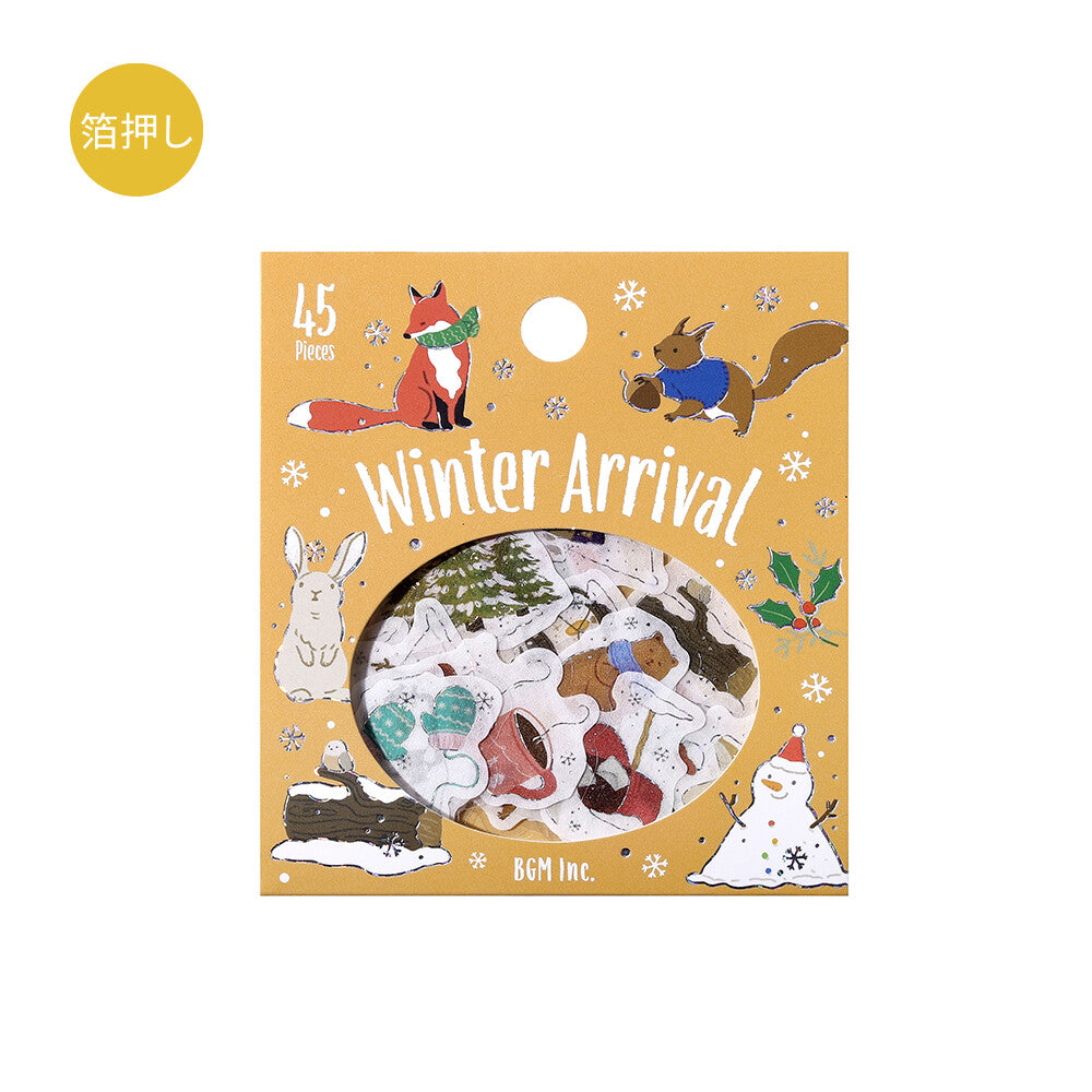 Pack of winter-themed stickers with animals and text on a yellow background