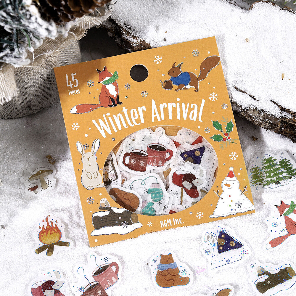 Pack of winter-themed stickers with animals and activities on a snowy background