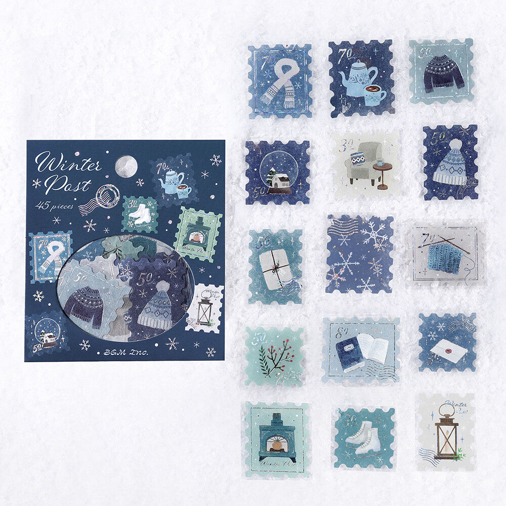 Collection of winter-themed decorative stamps with a blue and white color scheme.
