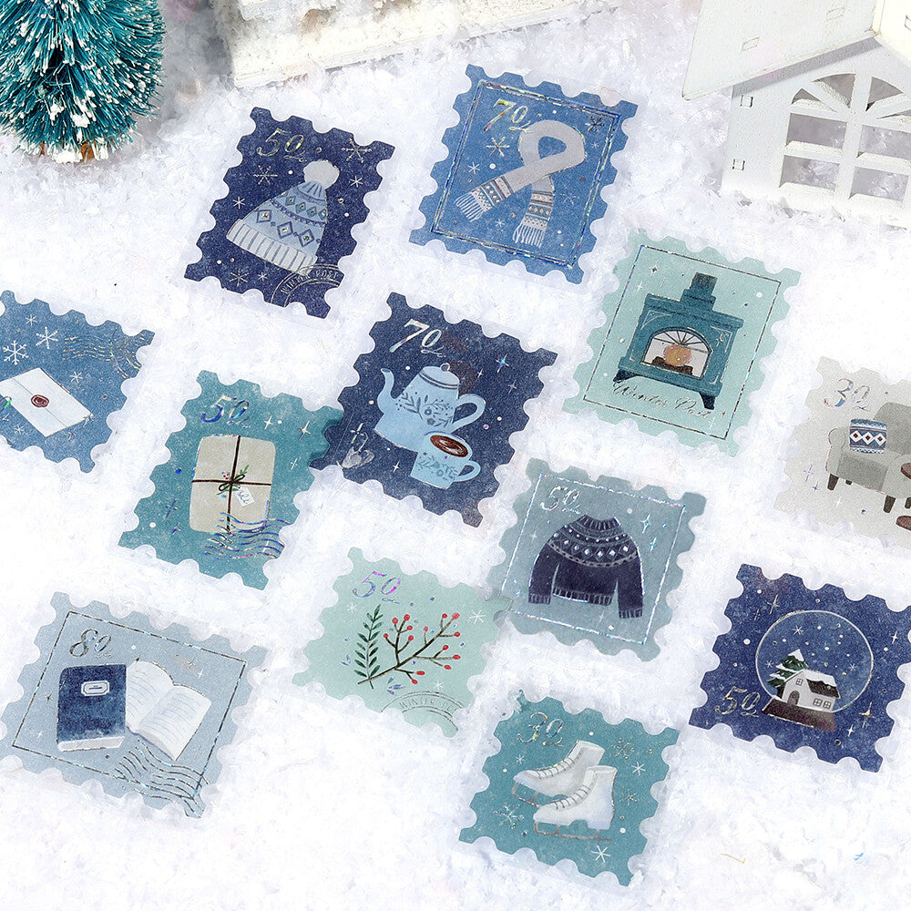 Decorative cards with winter-themed illustrations on a snowy background