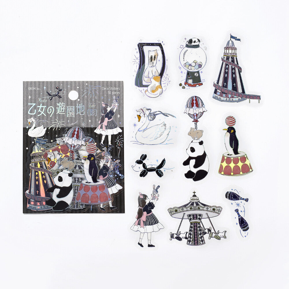 Sticker set with illustrated characters and objects on a white background