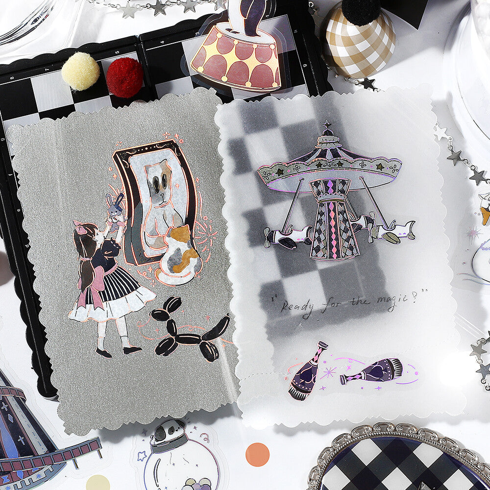 Collection of decorative pins and stickers on a textured surface with checkered patterns.