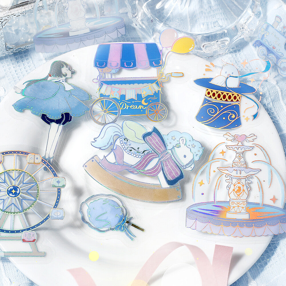 Collection of colorful, whimsical illustrations including a fairy, carousel, and castle on a light blue background.