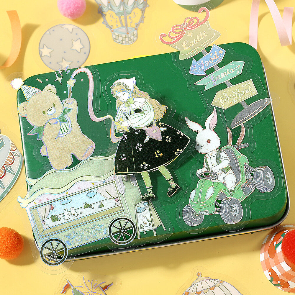 Decorative tin with cartoon characters on a yellow background