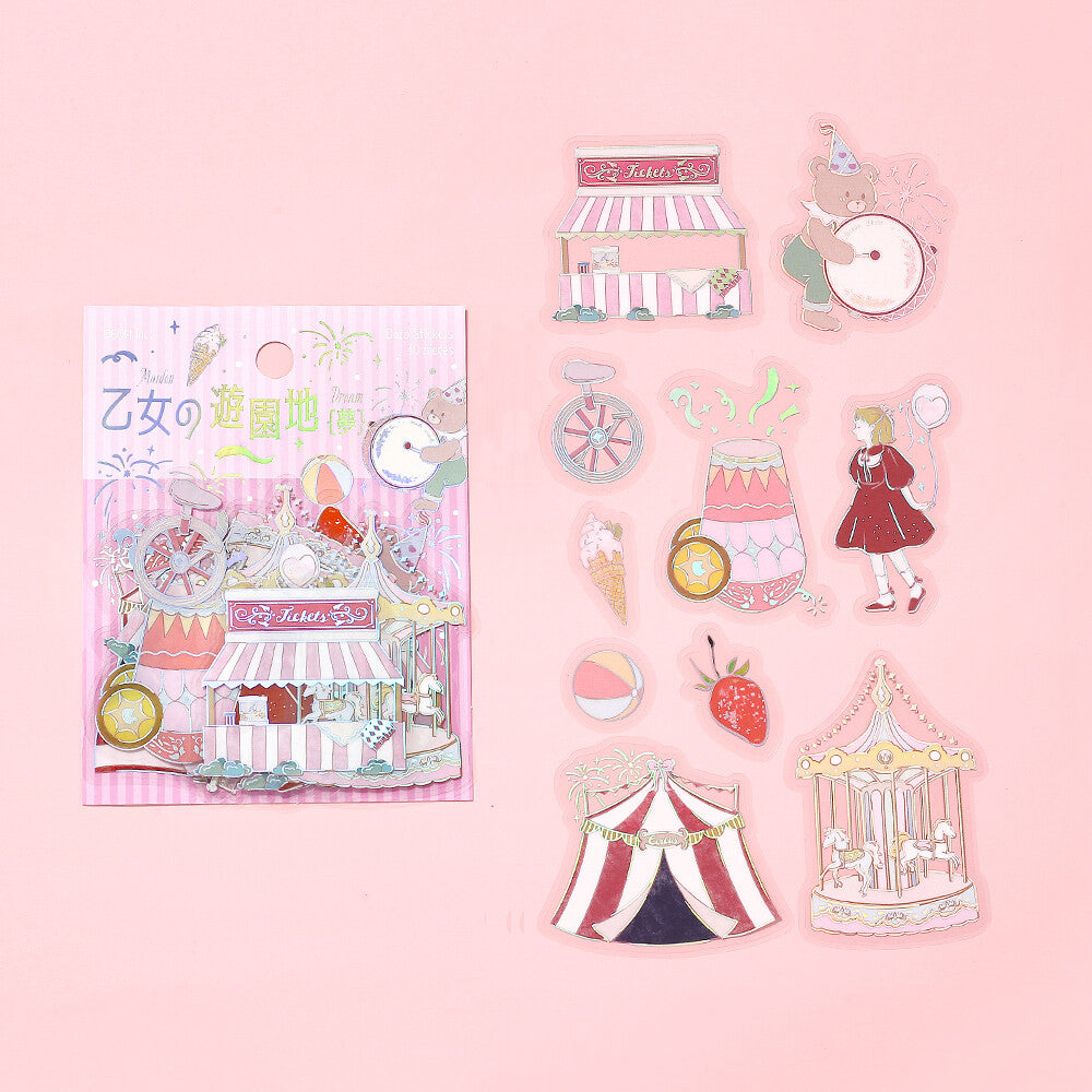 Set of decorative stickers with cartoon illustrations on a pink background