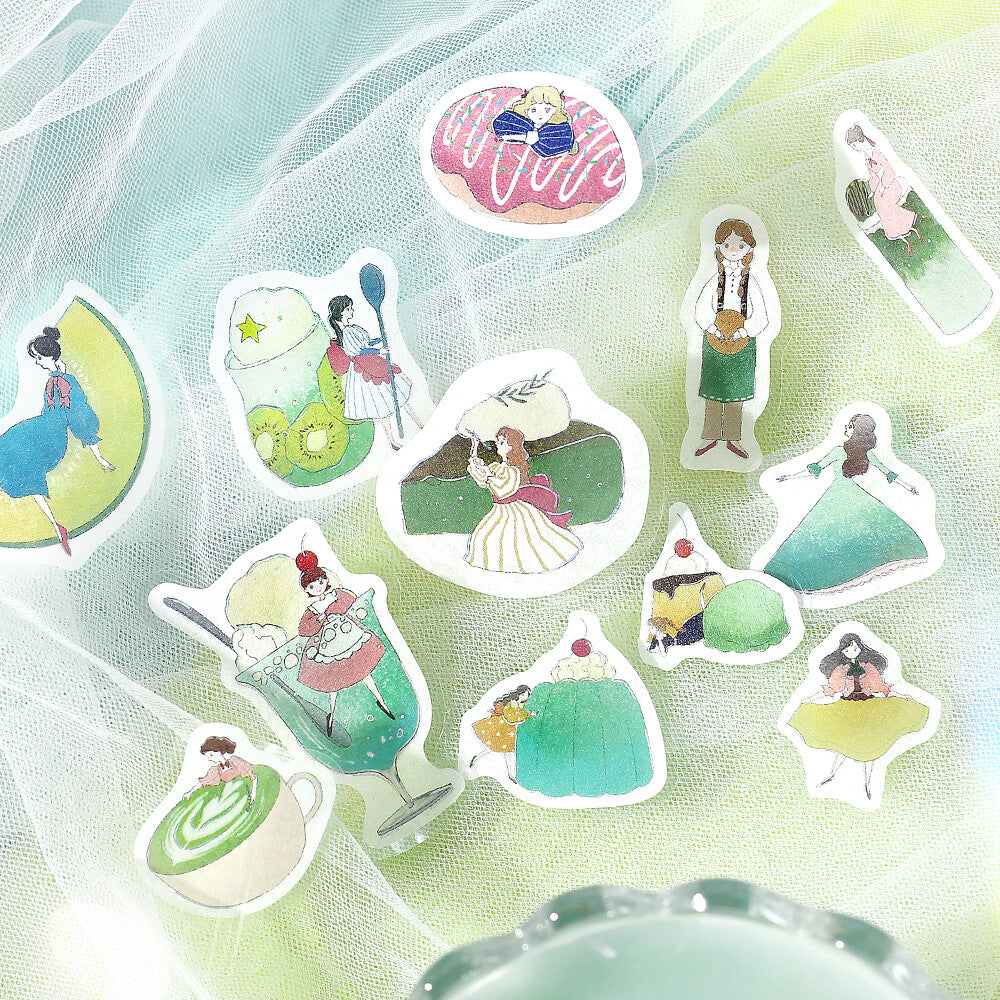 Set of illustrated stickers featuring characters and food items on a light green background.