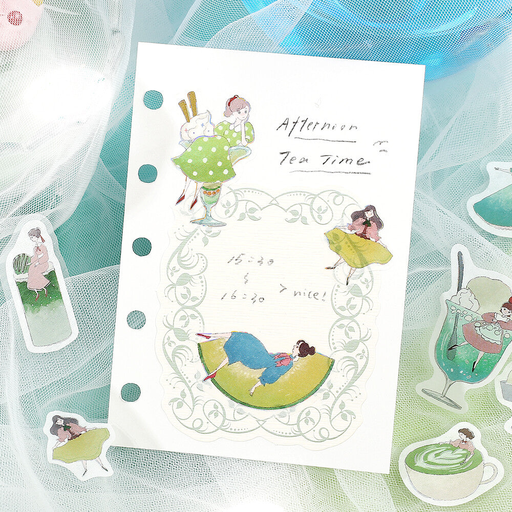 Illustrated card with people at a tea party and decorative elements on a textured background.
