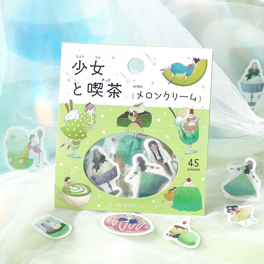 Packaging of stickers with illustrations of girls and tea, on a light blue and white background.