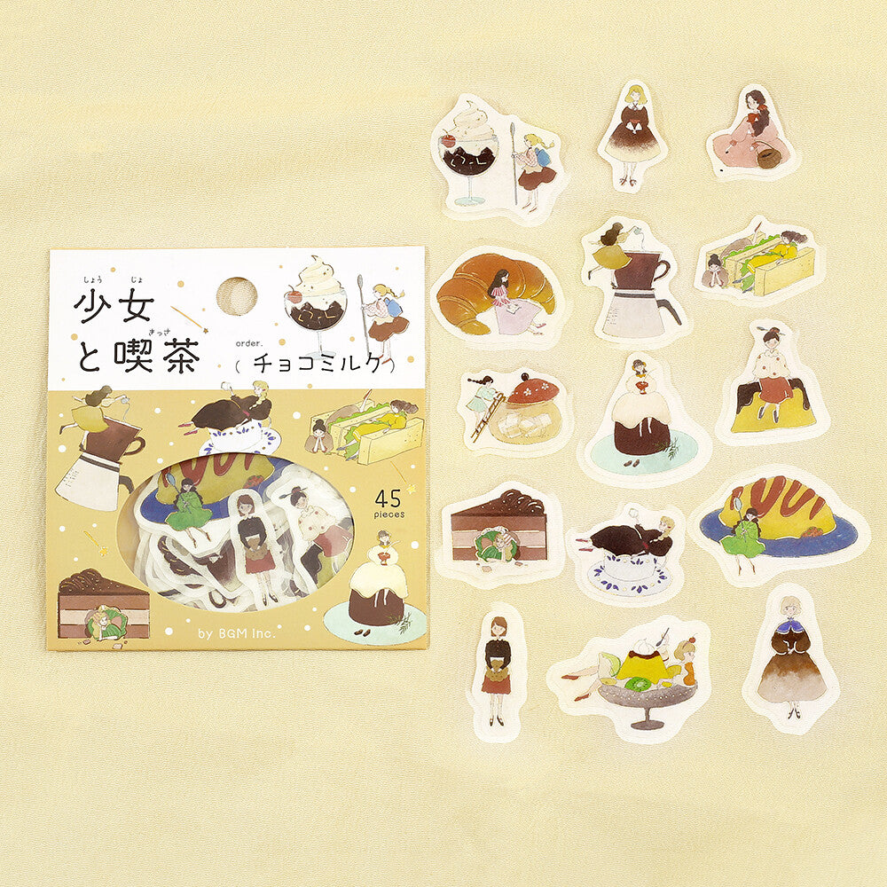 Set of illustrated stickers featuring characters and food items on a beige background