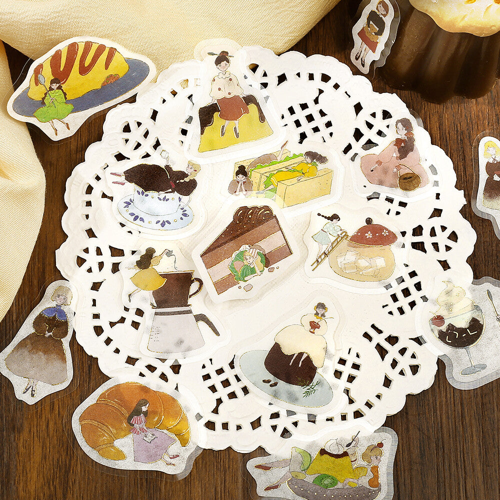 Sticker set with illustrations of people and food on a doily