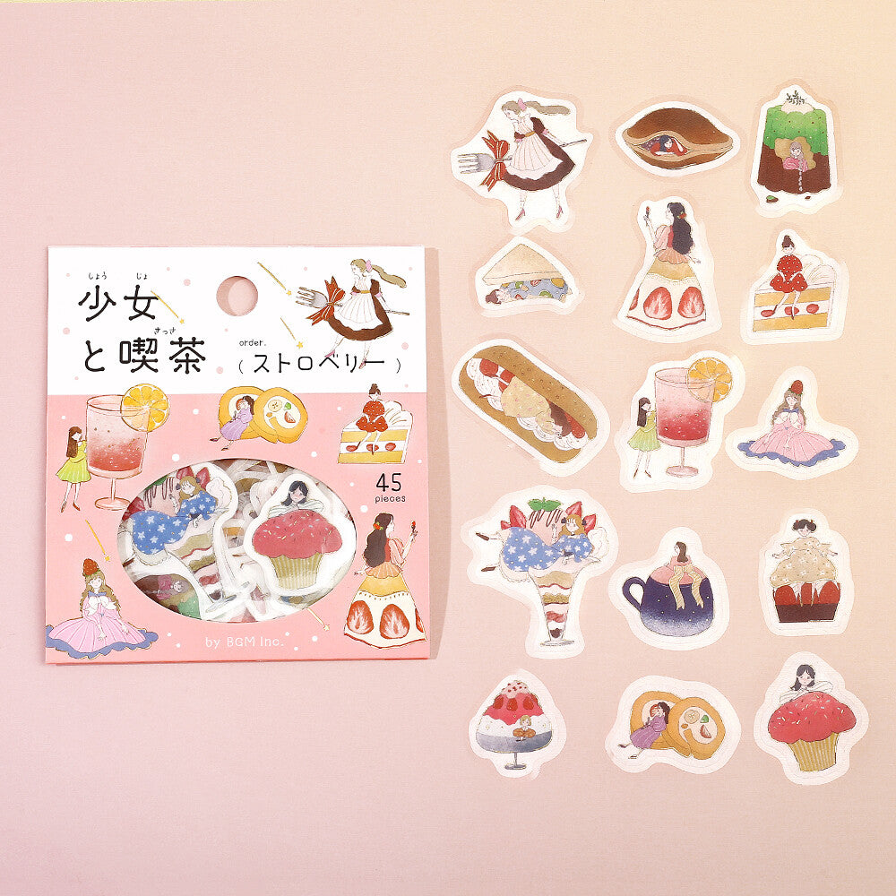 Sticker set with illustrations of girls and tea, including a packaging box on a pink background.