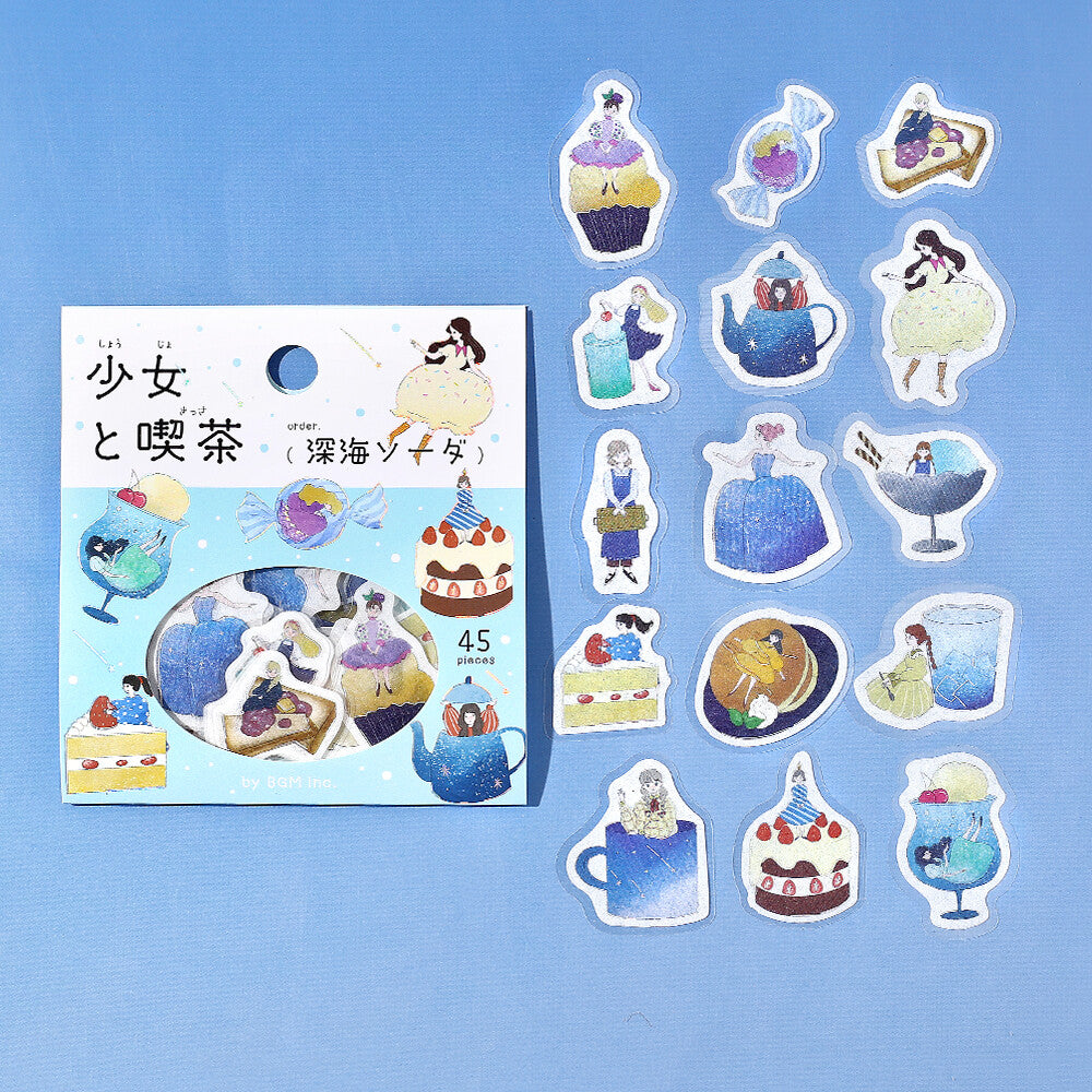 Set of illustrated stickers featuring characters and scenes on a blue background