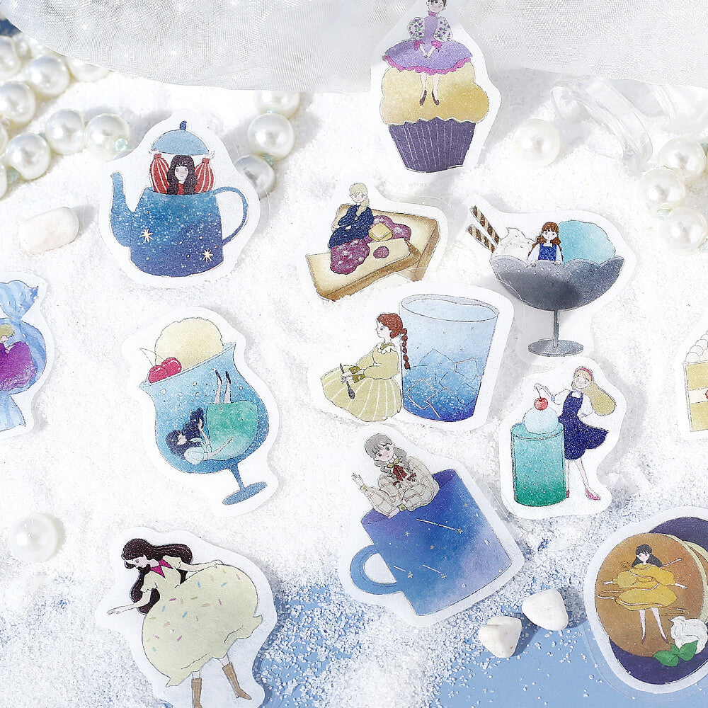 Set of decorative stickers with illustrations of people and objects on a white background.