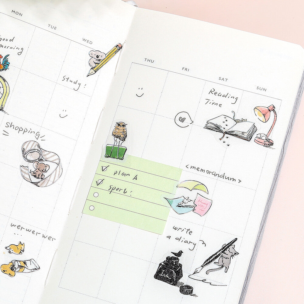 Illustrated planner with daily activities and tasks on a pink background