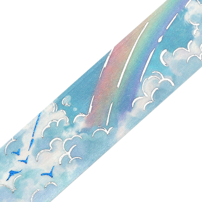 Iridescent tape with cloud and rainbow design on a white background
