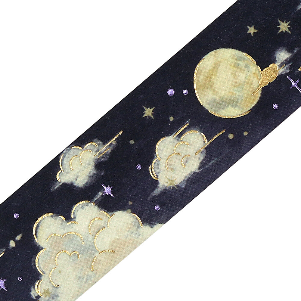Decorative tape with celestial design featuring planets, stars, and clouds on a black background.
