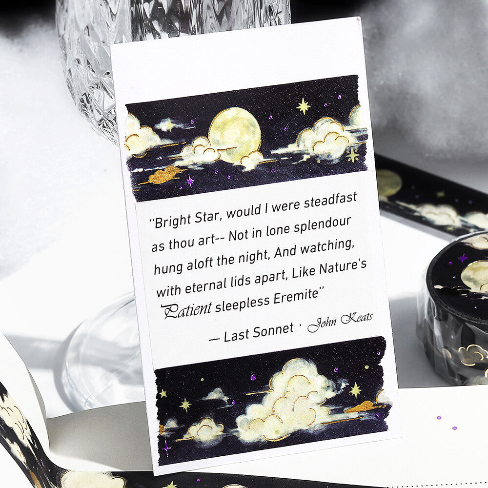 Card with a moon and cloud illustration and a quote by John Keats on a decorative background.
