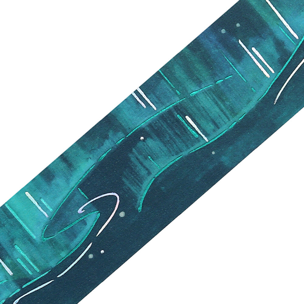 Teal and silver foiled washi with silver lines on a white background