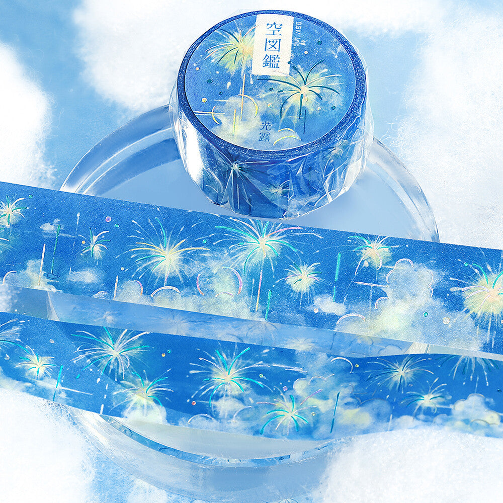 Blue washi tape with fireworks design on a blue background