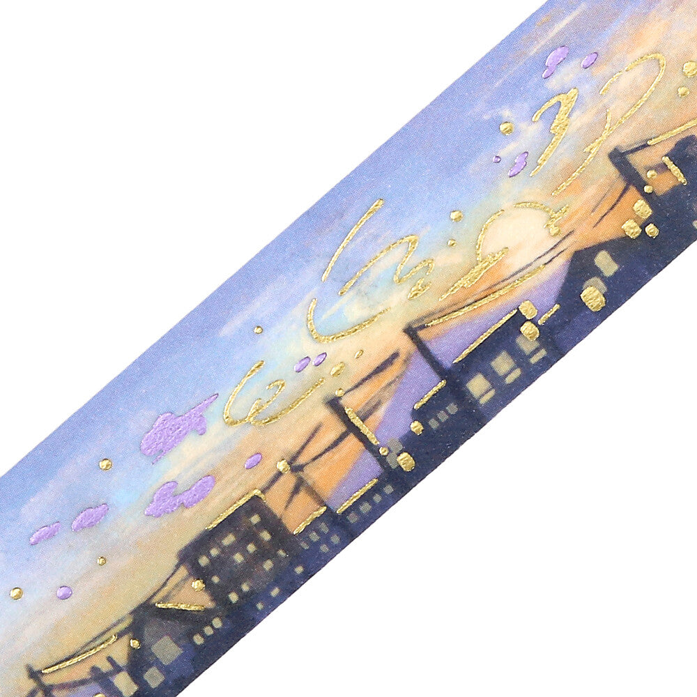 Decorative tape with a cityscape design on a white background