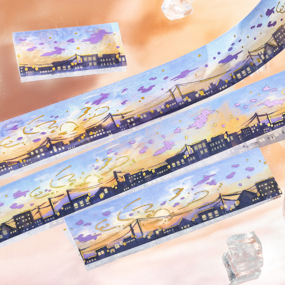 Decorative tape with a cityscape design on a reflective surface
