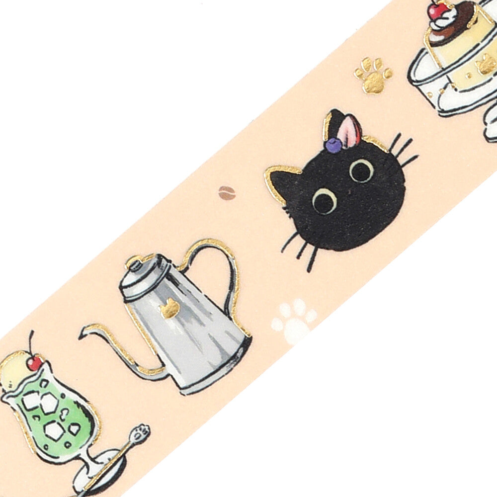 Decorative tape with cat and coffee-themed designs on a beige background