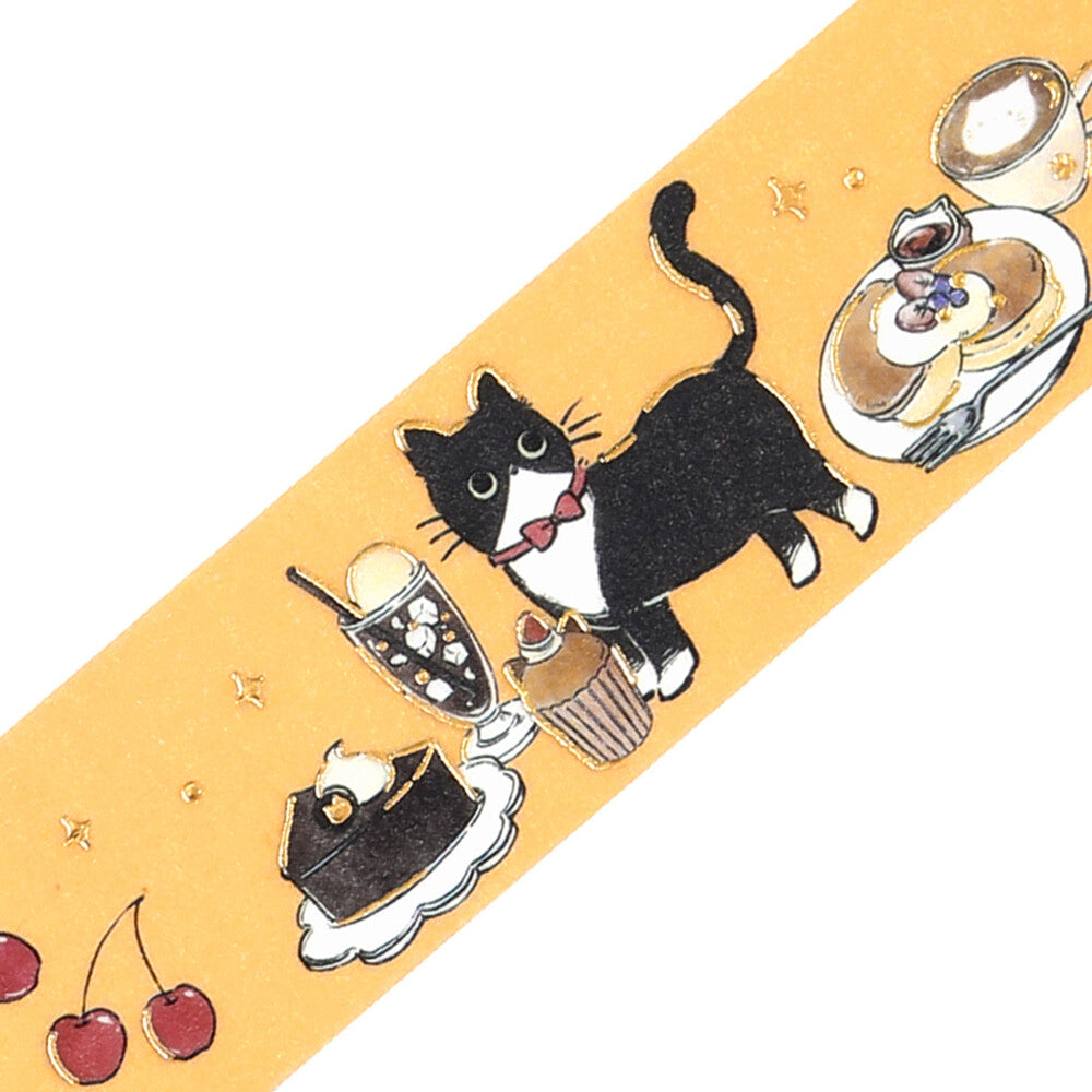 Decorative washi with a black cat and tea party elements on a yellow background