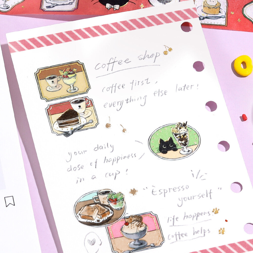 Stationery item with coffee-themed illustrations and text on a pink background