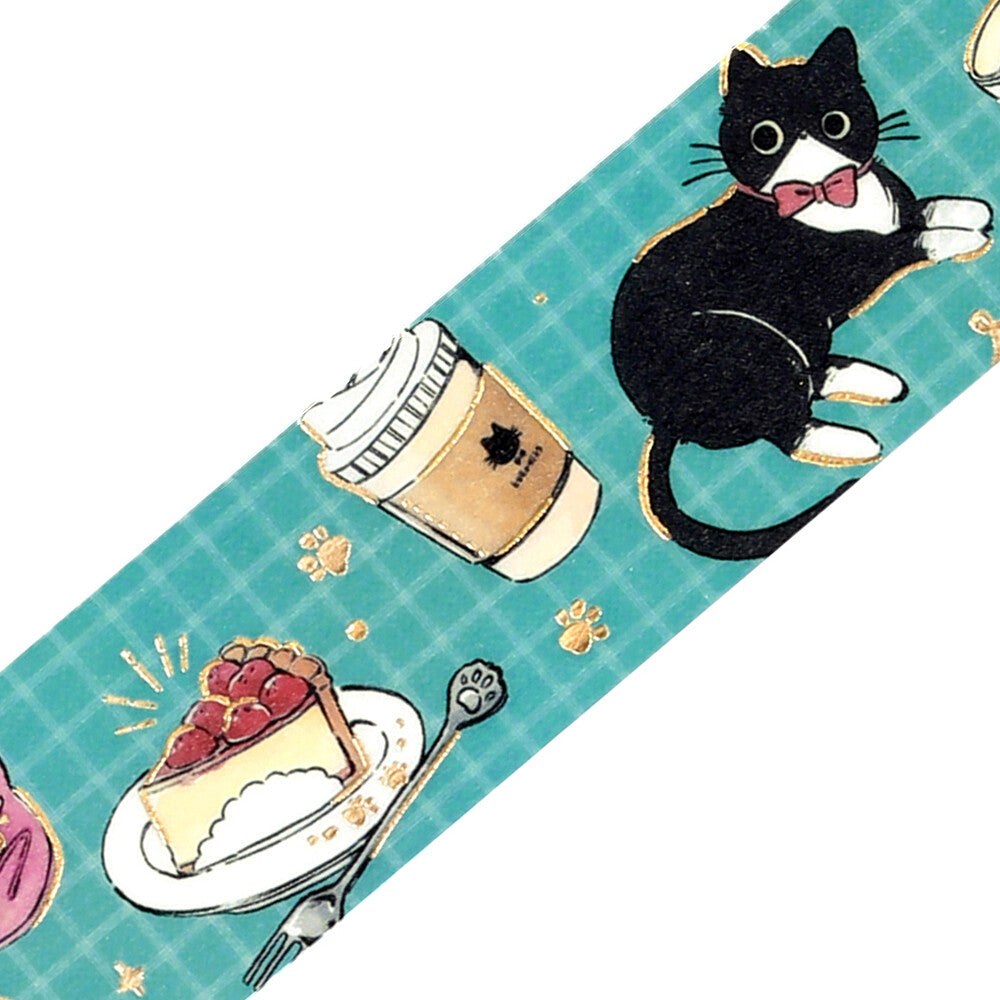 Patterned paper with a cat, coffee cup, and cake design on a teal background