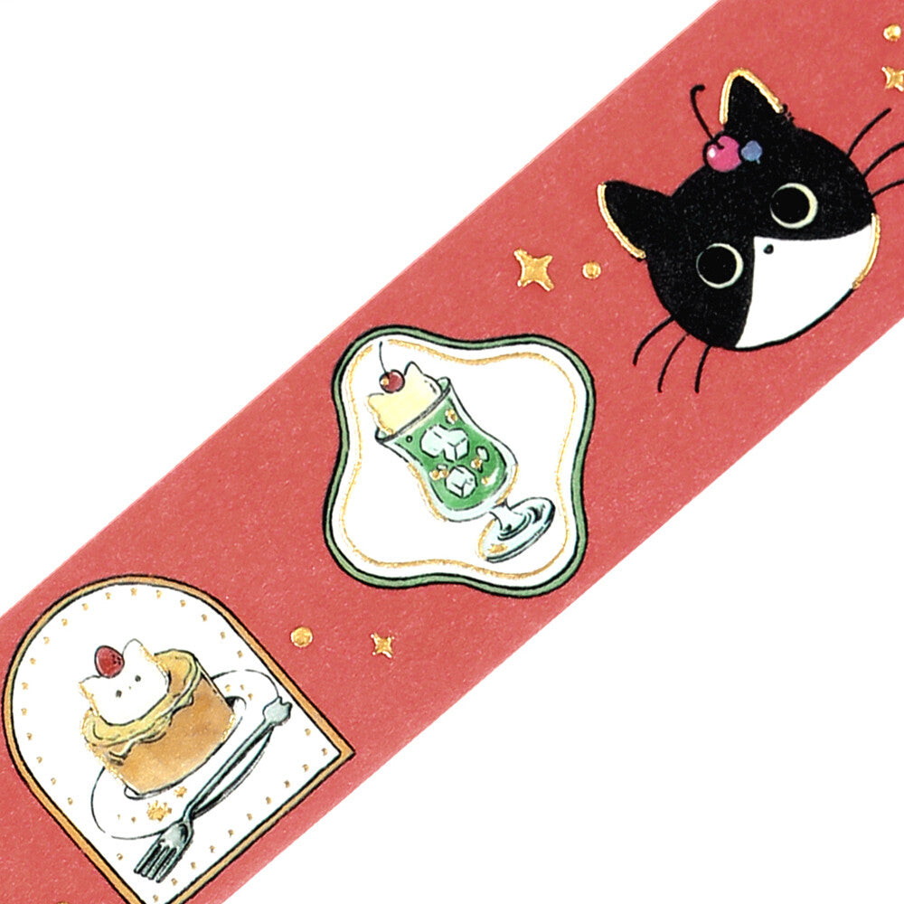 Decorative paper strip with cat and dessert illustrations on a red background