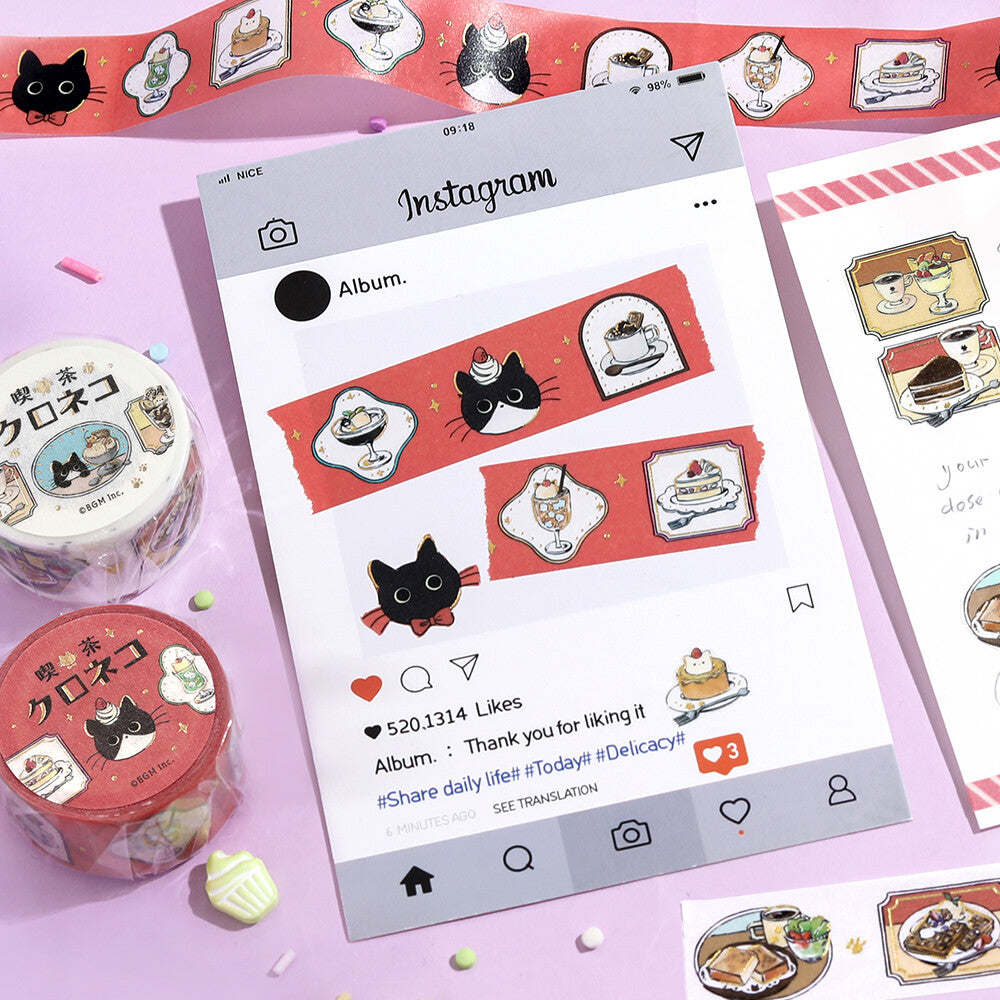 Phone screen showing an Instagram album with cat-themed products on a pink background