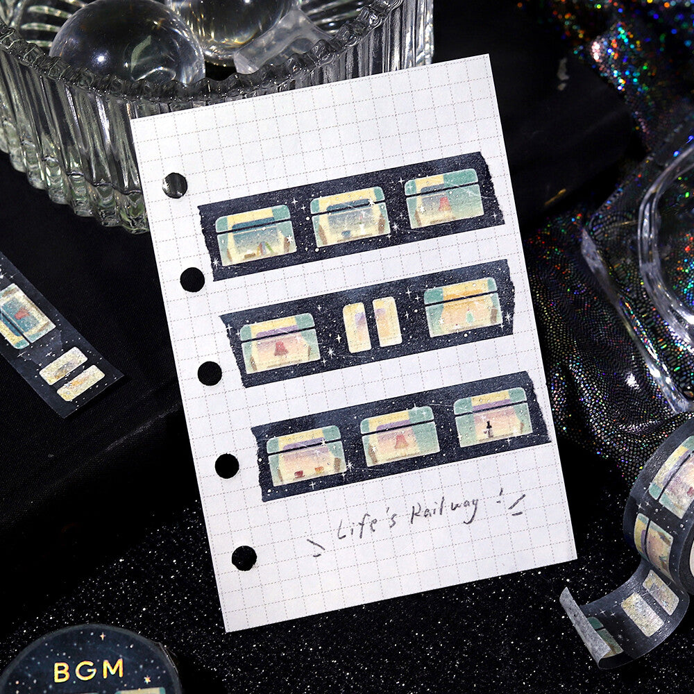 Sheet of decorative stickers with 'Life's Railway' text on a grid background, surrounded by similar stickers.