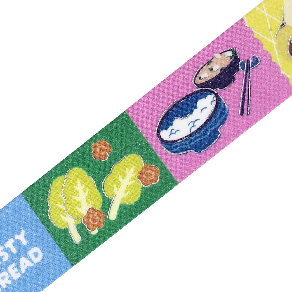 Colorful bookmark with illustrations of a bowl of rice, trees, and flowers on a white background