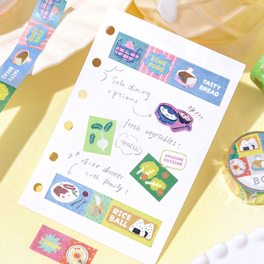Set of colorful food-themed stickers on a white card with a yellow background