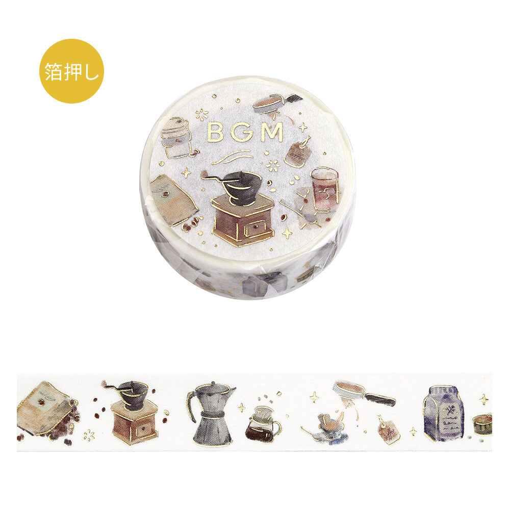 Washi tape with coffee-themed illustrations and 'BGM' text on a white background